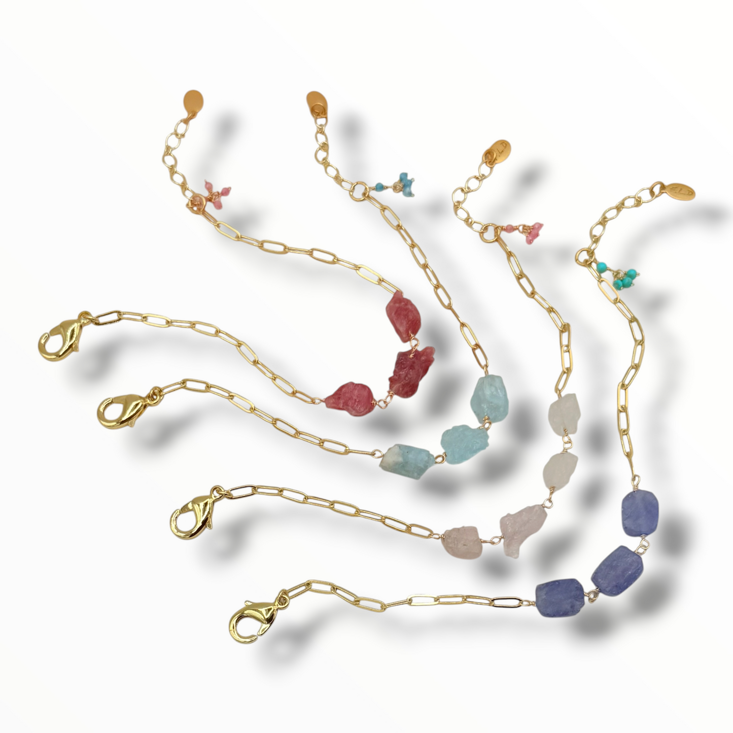 Rock Paper Scissors Raw Gemstone & Gold Chain Bracelet – Tanzanite, Pink Tourmaline, Rose Quartz & Aquamarine