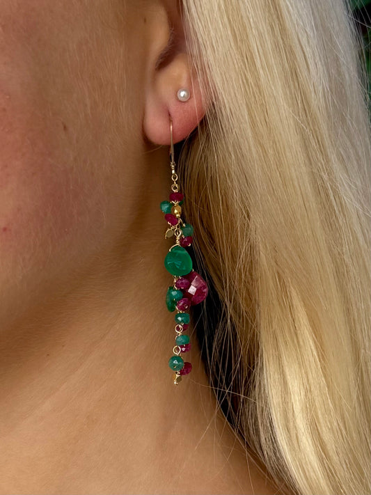Red Green & Gold Cluster Earrings
