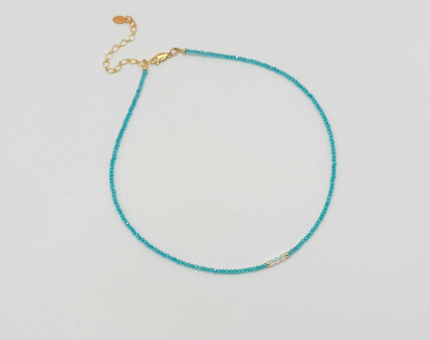 2mm Teal Apatite Bead Necklace with Opal & Gold Accent
