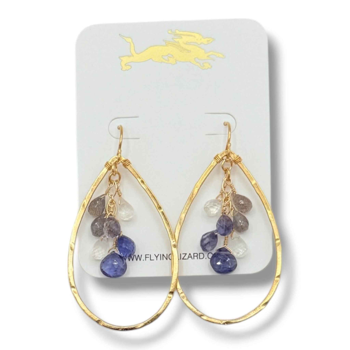 18K Gold Vermeil Hammered Teardrop Hoop Earrings with Moonstone, Iolite, Tanzanite & Labradorite