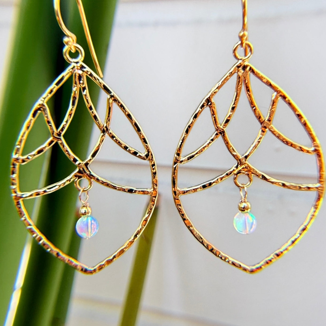 Gold Palm Frond & Opal Drop Earrings
