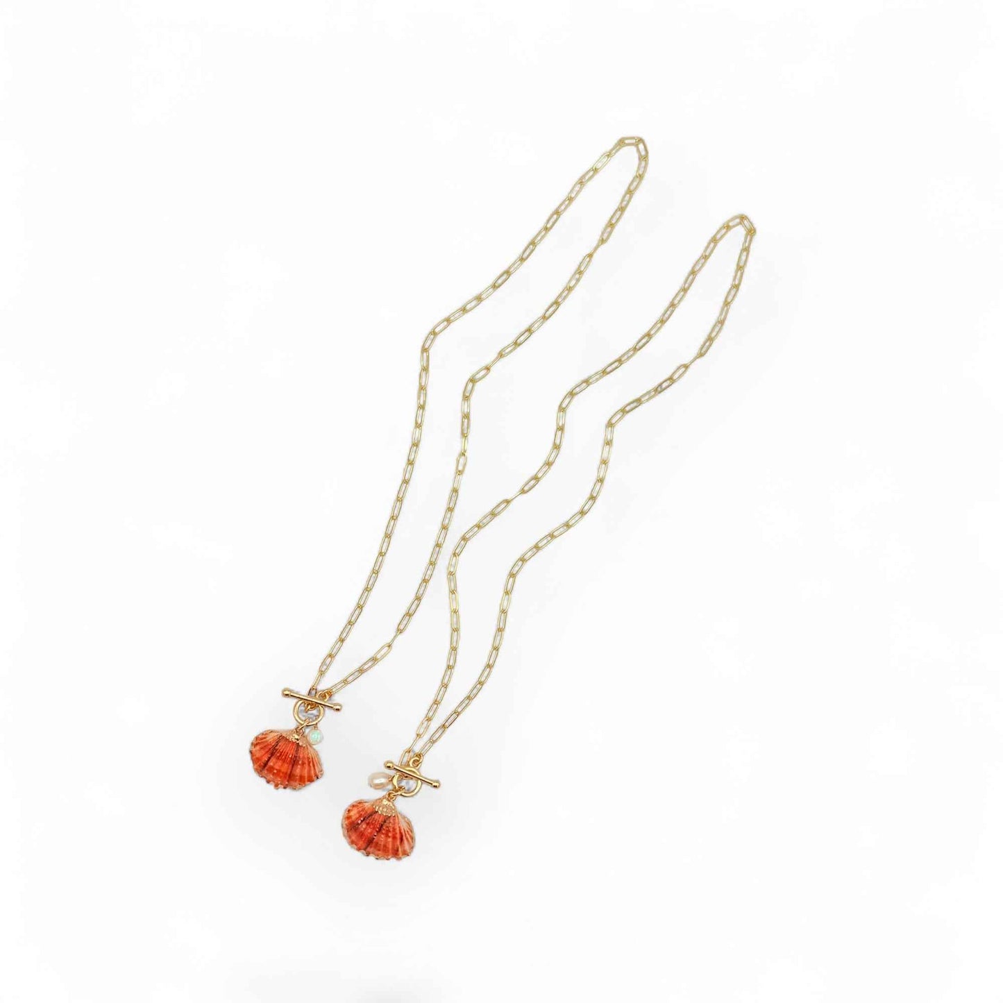Orange Pectin Shell Toggle Necklace with Opal or Pearl Charm