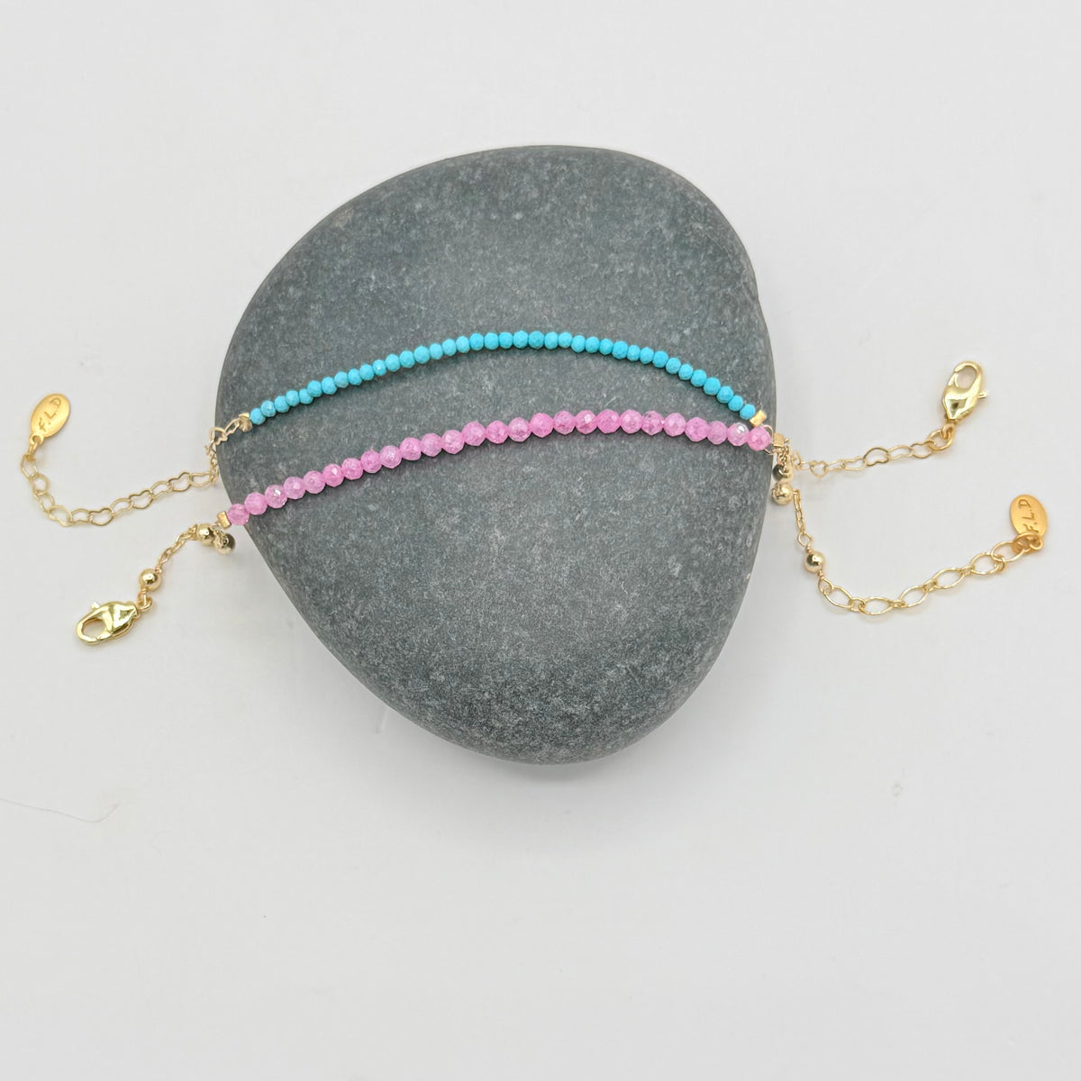 Rose Pink & BlueTurquoise Delicate Beaded Gold Bracelets