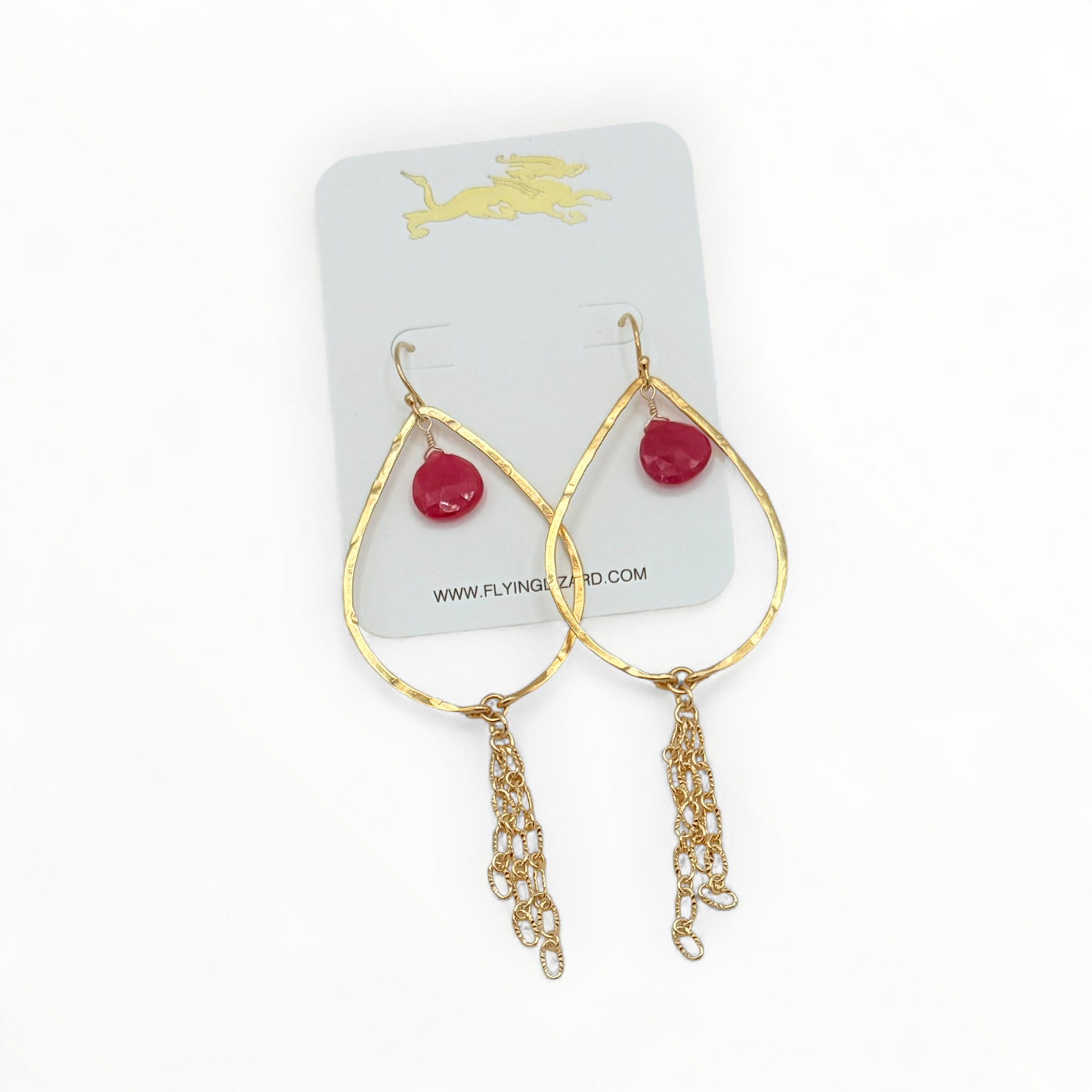 Hammered Leaf Hoop Earrings with Gemstone Drops