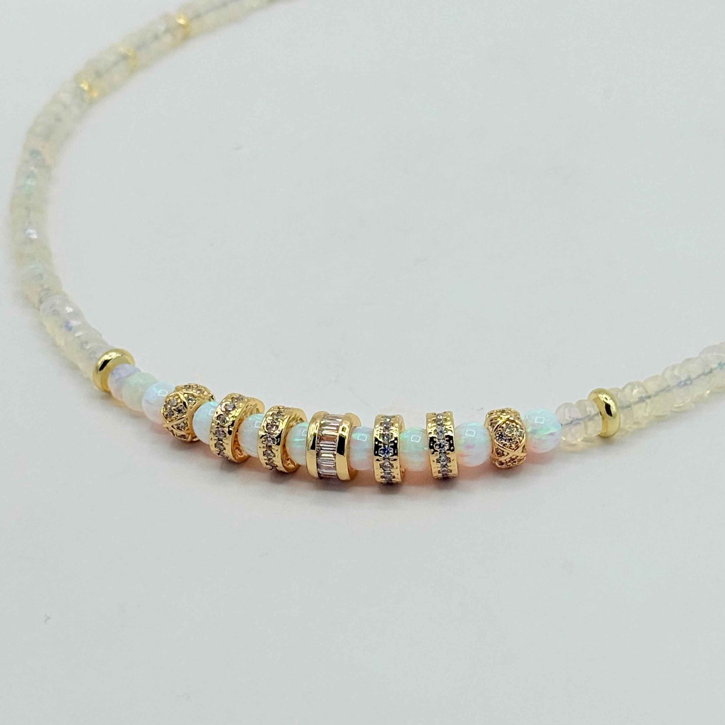 Opal Beaded Choker Necklace with Zircon Faceted Wheels