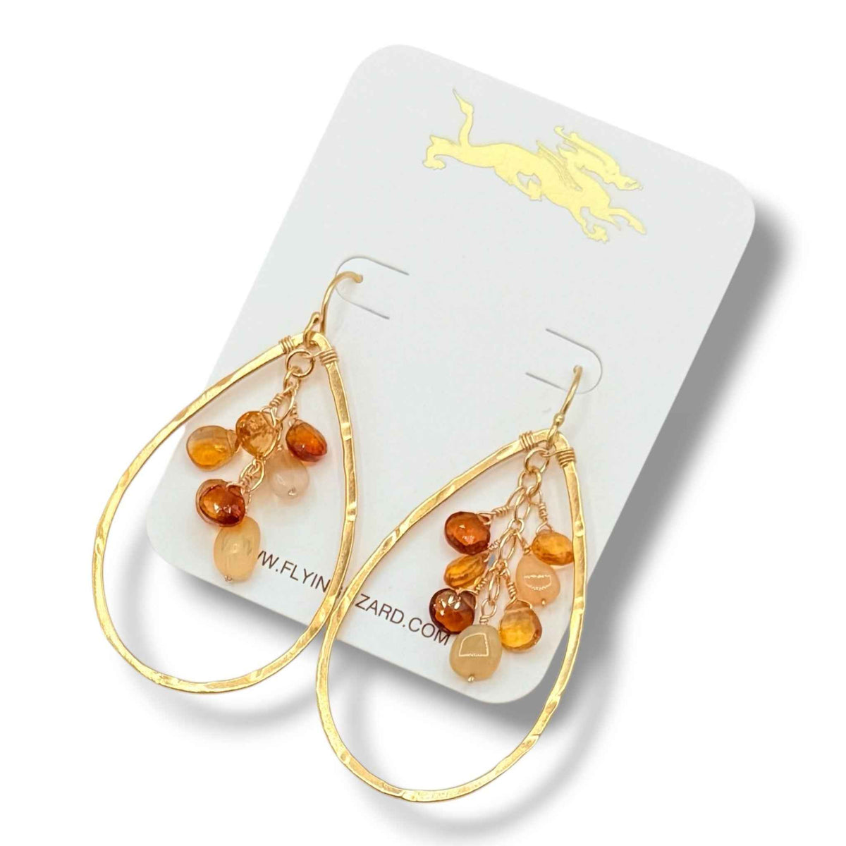 18K Gold Vermeil Hammered Teardrop Hoop Earrings with Opal, Citrine & Brown Garnet