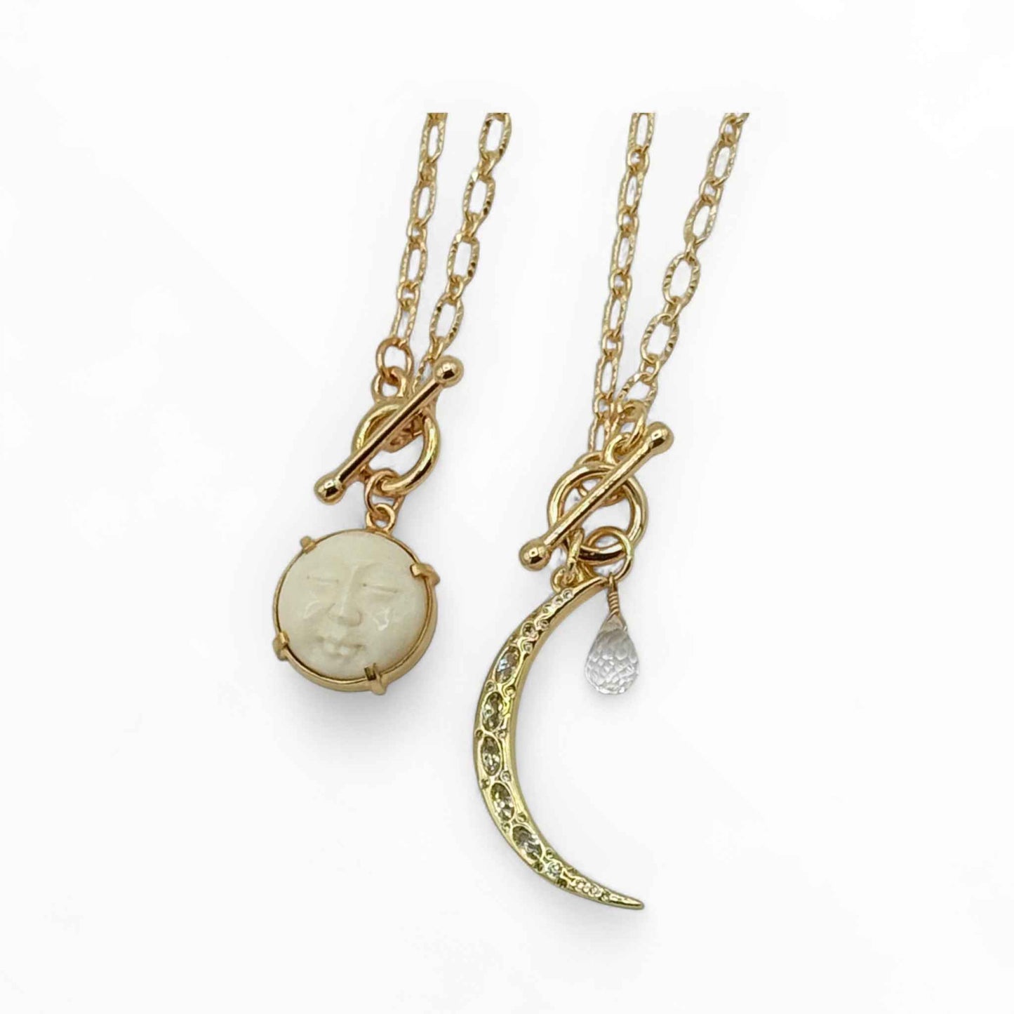 Gold Textured Paperclip Chain Necklace with Carved Moon Face Pendant