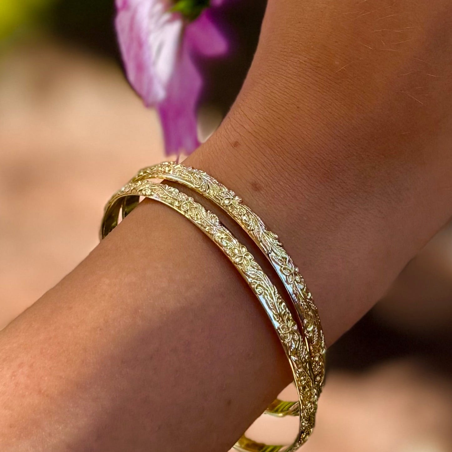Solora Gold Etched Floral Bangle