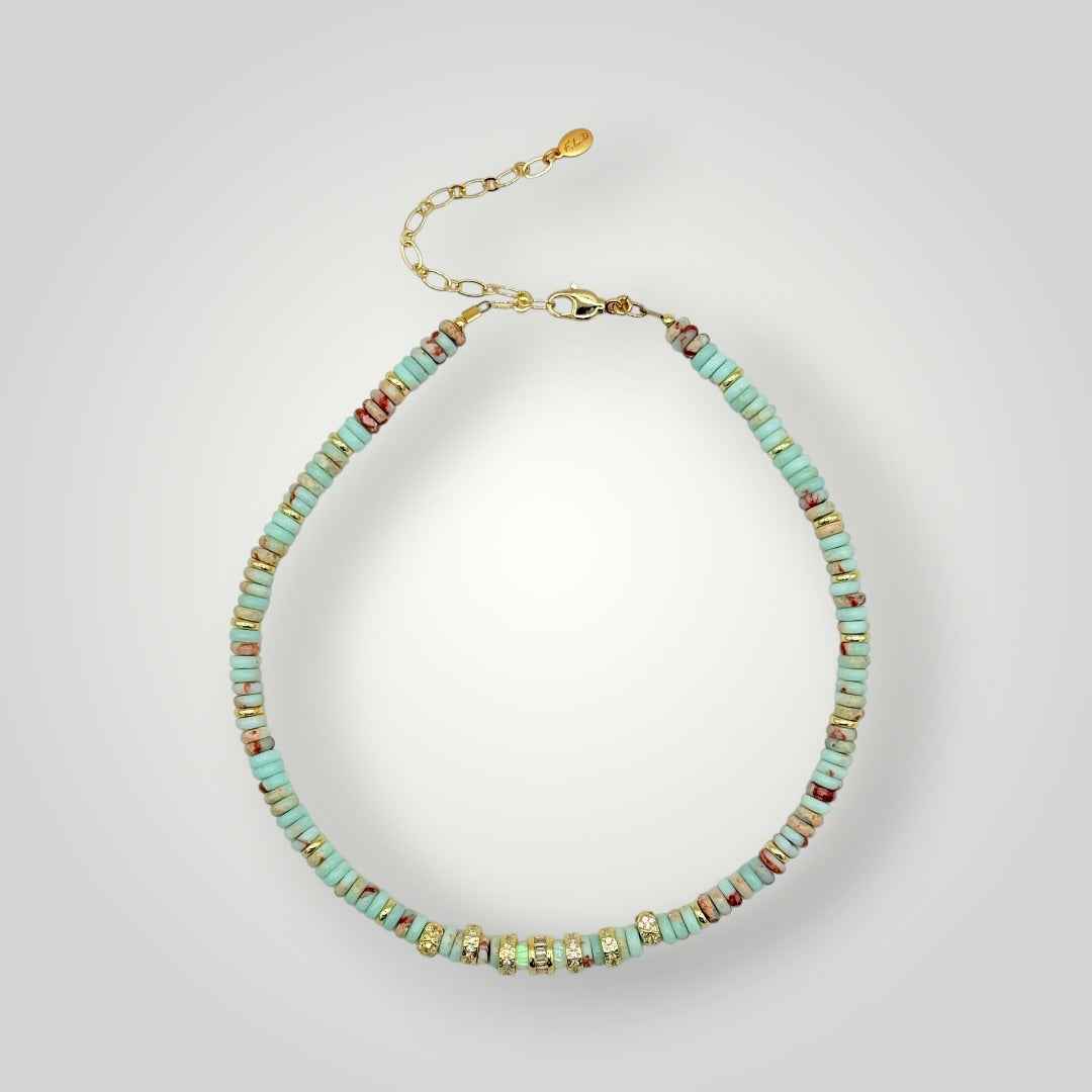 Aqua Jasper Heishi Necklace with Gold Accents -Coastal Beaded Choker
