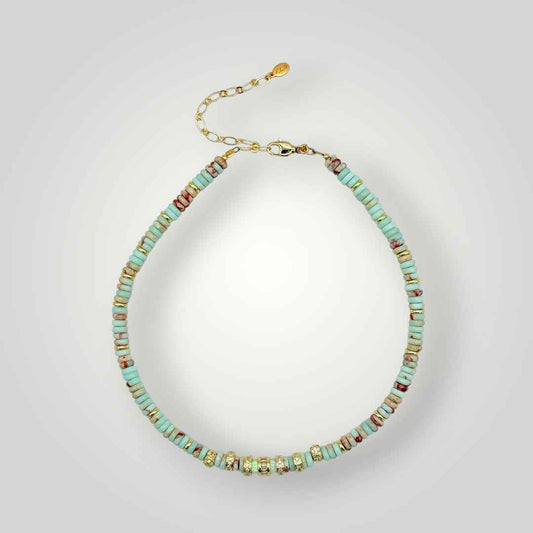 Aqua Jasper Heishi Necklace with Gold Accents -Coastal Beaded Choker