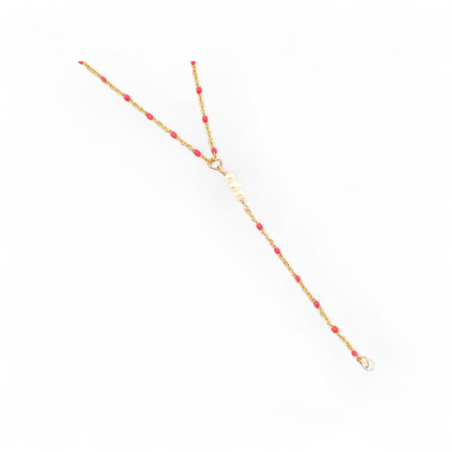 Pink Bead & Pearl Gold Lariat Necklace