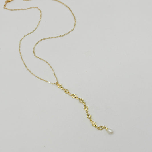 Gold Heart Zircon Lariat Necklace with Freshwater Pearl by Flying Lizard Design