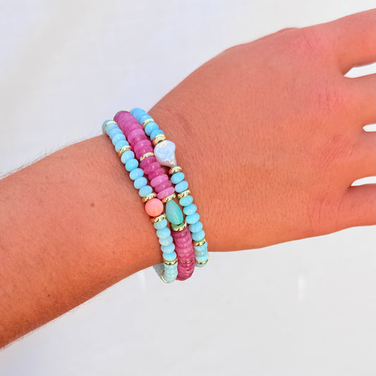 Blue Mother of Pearl Shell Beaded Bracelet with Gold Accents & Pearl Heart Charm