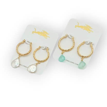 Floral Handmade Gold Hoop Earrings with Pearl or Aqua Drops