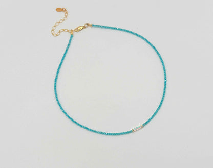 2mm Teal Apatite Bead Necklace with Opal & Gold Accent