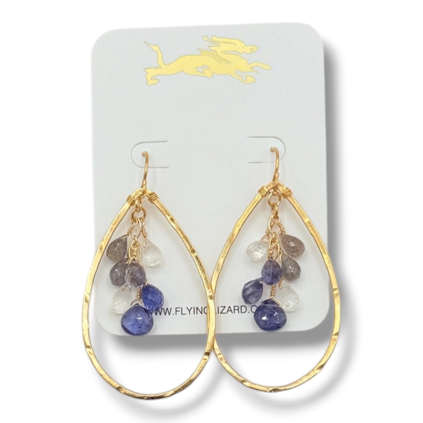 18K Gold Vermeil Hammered Teardrop Hoop Earrings with Moonstone, Iolite, Tanzanite & Labradorite