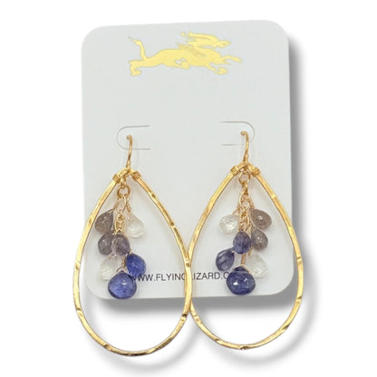 18K Gold Vermeil Hammered Teardrop Hoop Earrings with Moonstone, Iolite, Tanzanite & Labradorite