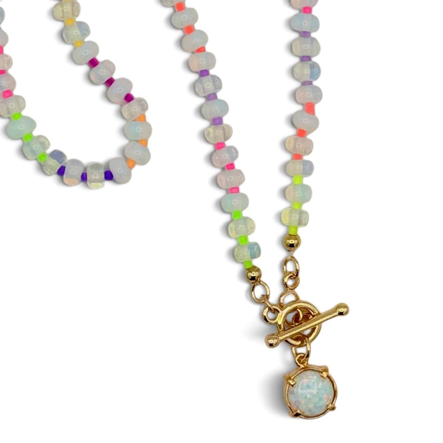 Opal Bead Necklace with Rainbow Accents & Gold Toggle Clasp