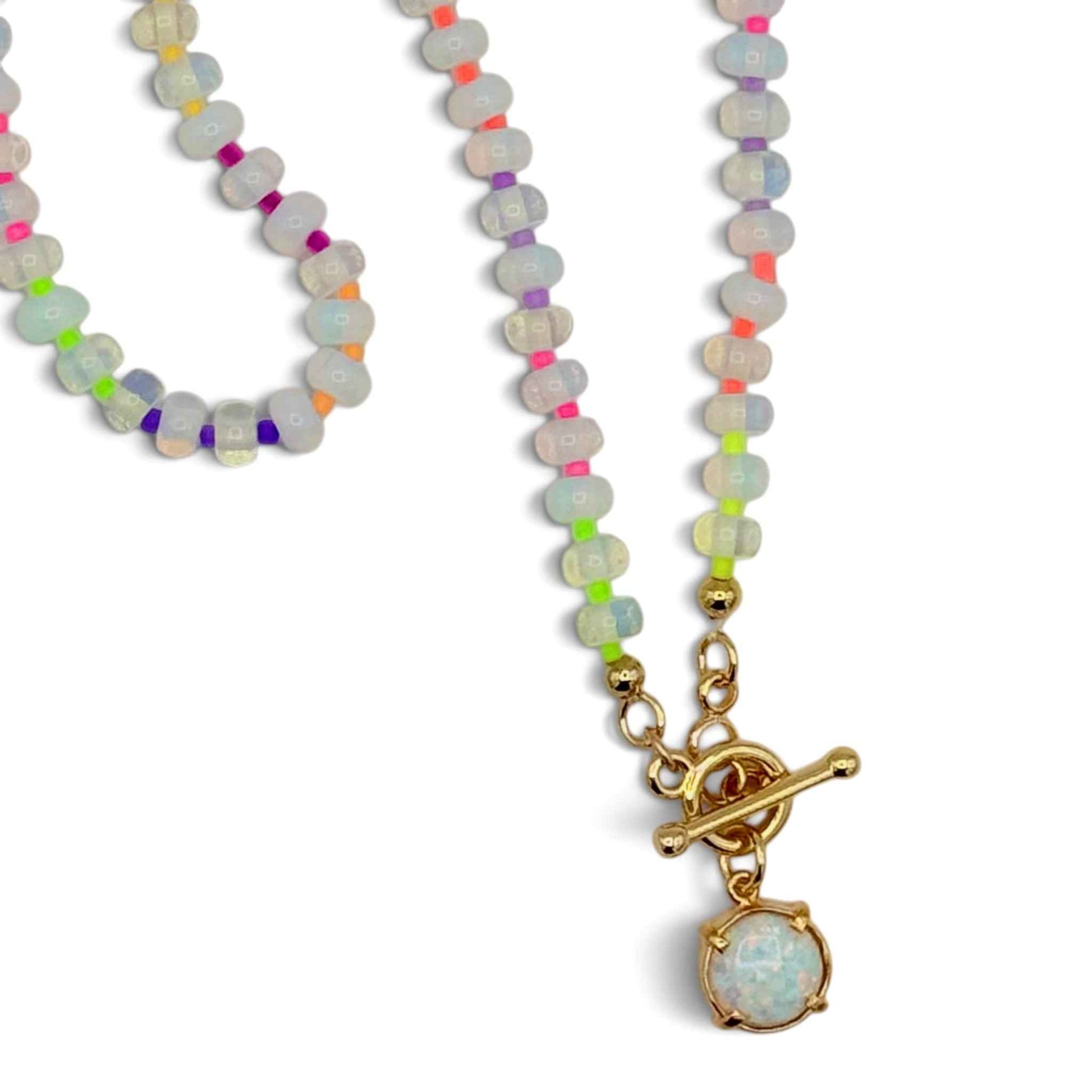 Opal Bead Necklace with Rainbow Accents & Gold Toggle Clasp