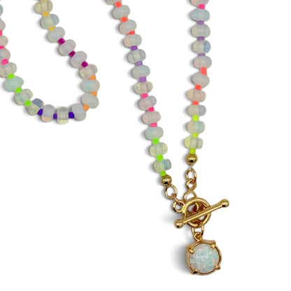 Opal Bead Necklace with Rainbow Accents & Gold Toggle Clasp