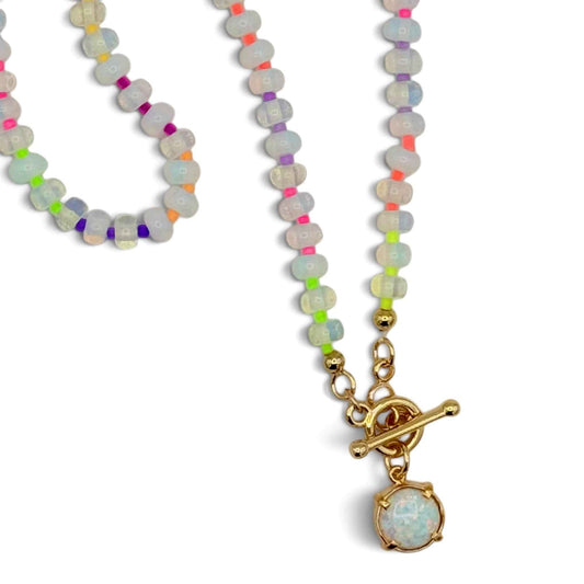 Opal Bead Necklace with Rainbow Accents & Gold Toggle Clasp