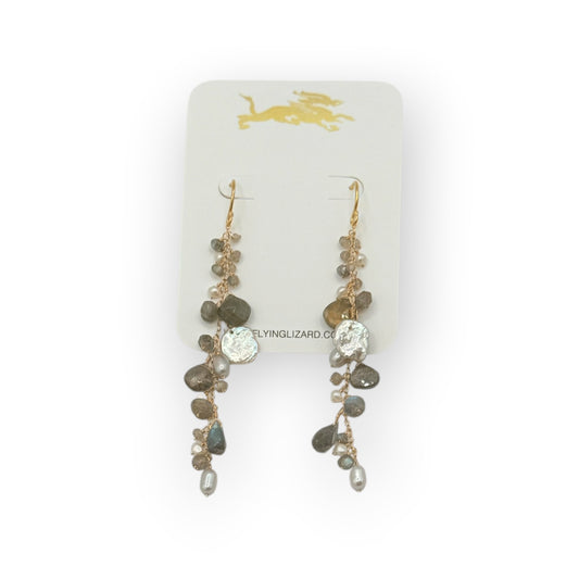 Labradorite Pearl Gold Cluster Earrings