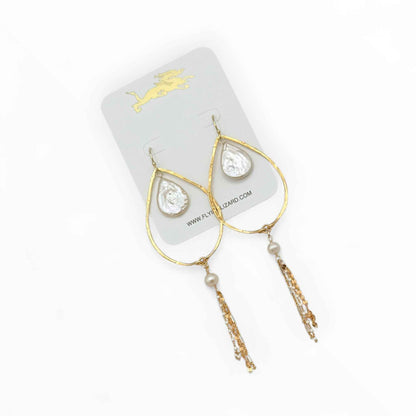 Hammered Leaf Hoop Earrings with Gemstone Drops