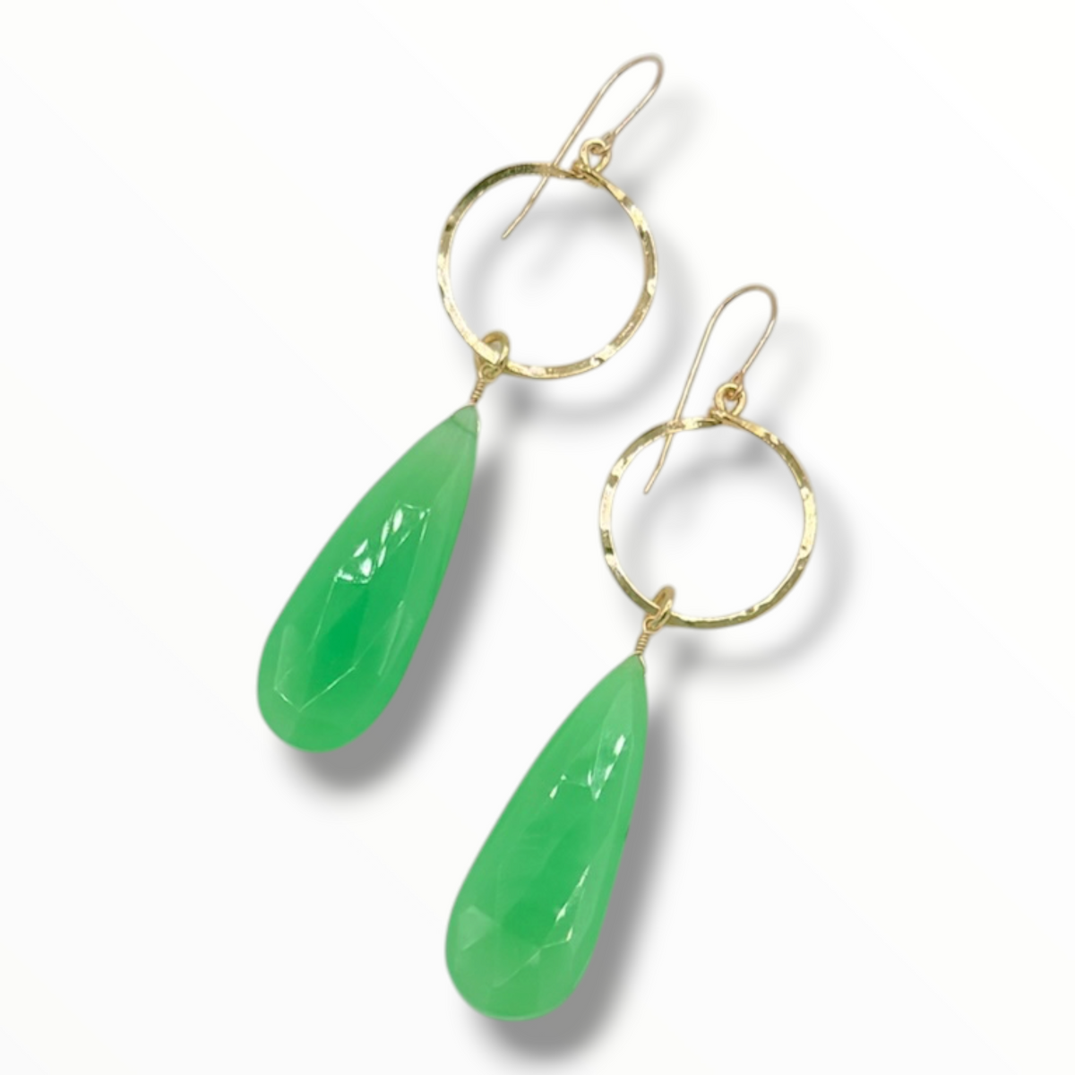 Verdant Muse – Green Chrysoprase Teardrop & Hammered Gold Hoop Earrings