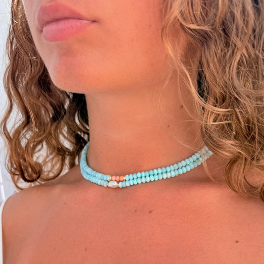 Adjustable Blue Shell Choker with Gold Accents