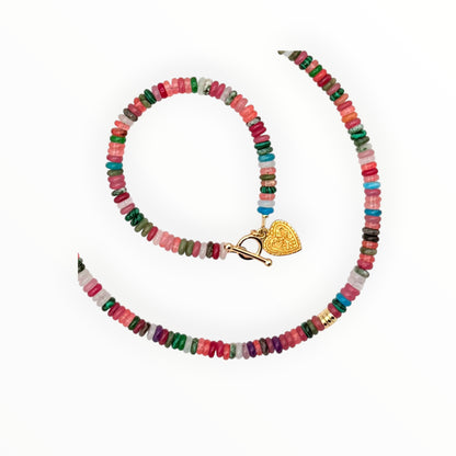 Mixed Gemstone Bracelet with Gold Heart Charm