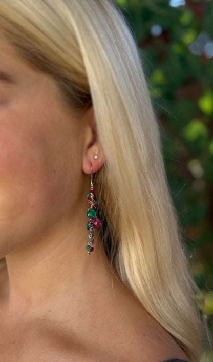 Red Green & Gold Cluster Earrings