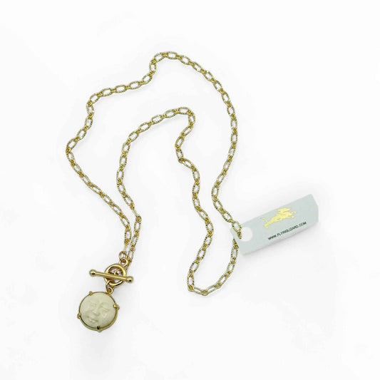 Gold Textured Paperclip Chain Necklace with Carved Moon Face Pendant