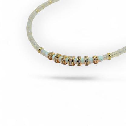 Opal Beaded Choker Necklace with Zircon Faceted Wheels