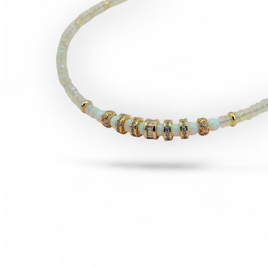 Opal Beaded Choker Necklace with Zircon Faceted Wheels