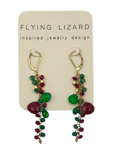 Red Green & Gold Cluster Earrings