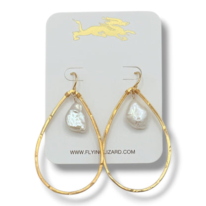 Organic Teardrop Hoop Earrings with Pearl Drops
