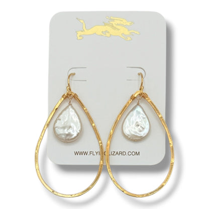Organic Teardrop Hoop Earrings with Pearl Drops