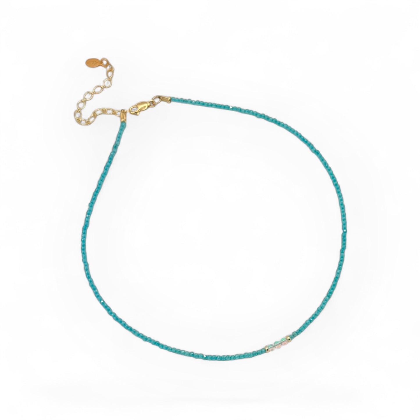 2mm Teal Apatite Bead Necklace with Opal & Gold Accent