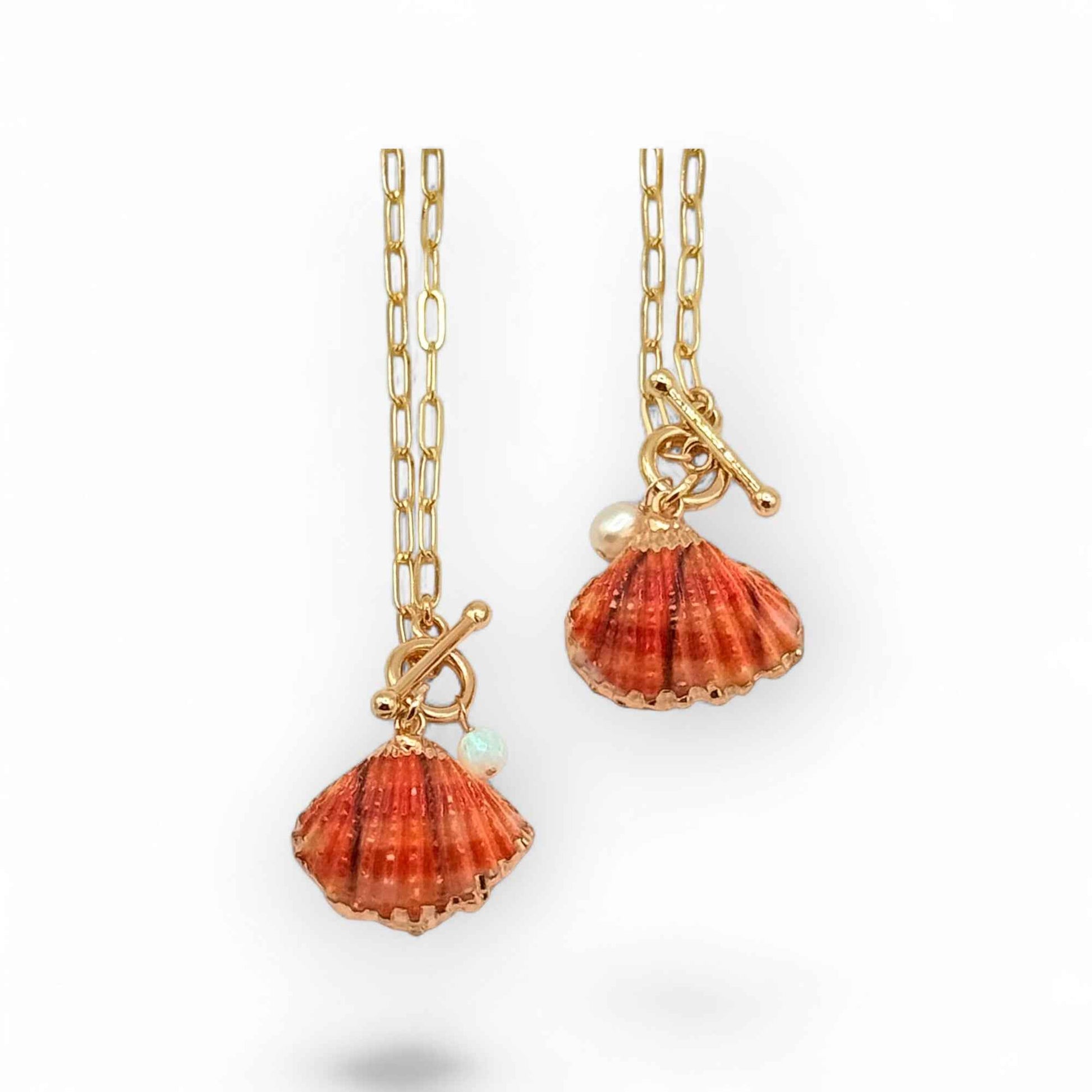 Orange Pectin Shell Toggle Necklace with Opal or Pearl Charm