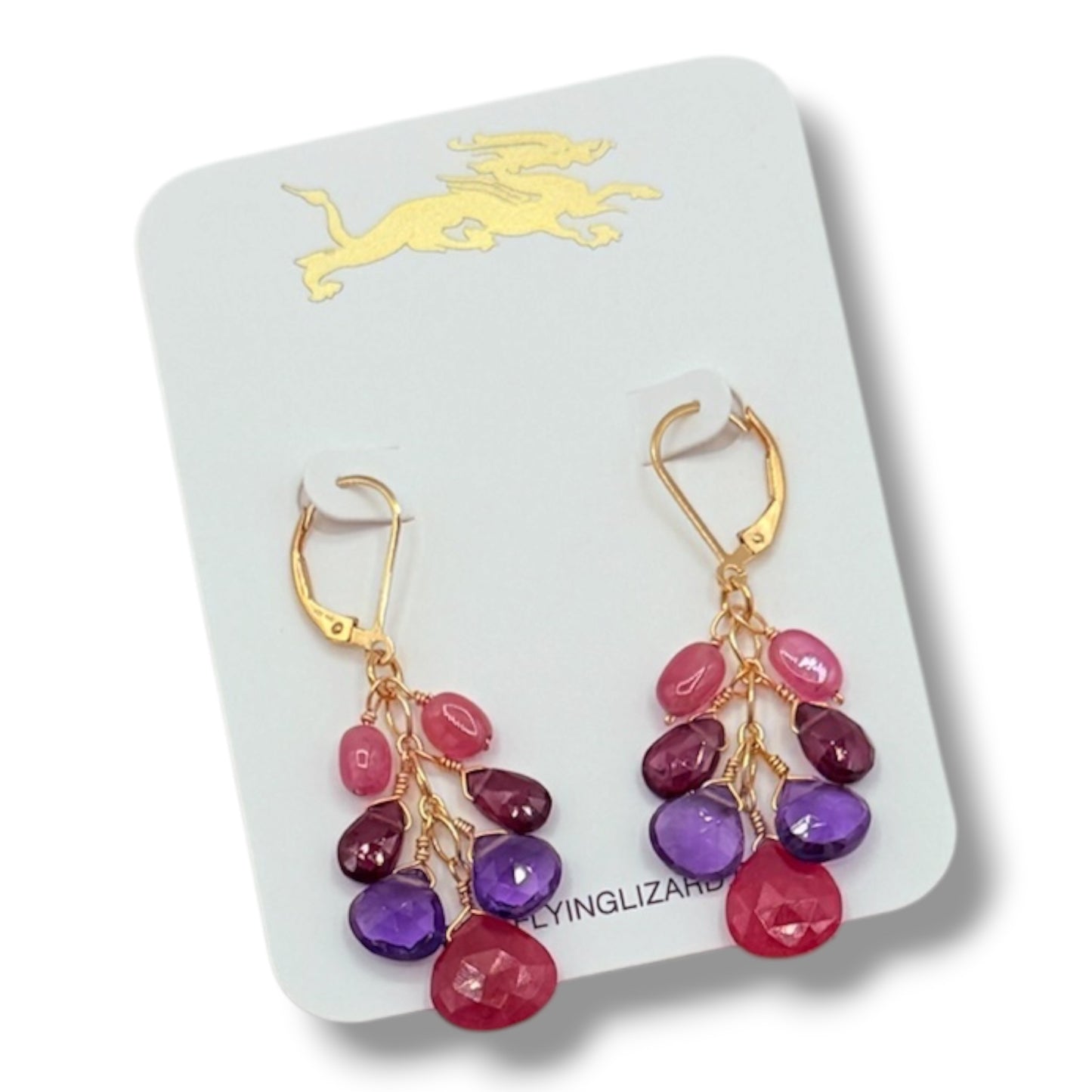 Ruby, Amethyst & Garnet Cluster Earrings, 14K Gold Filled Lever-Back