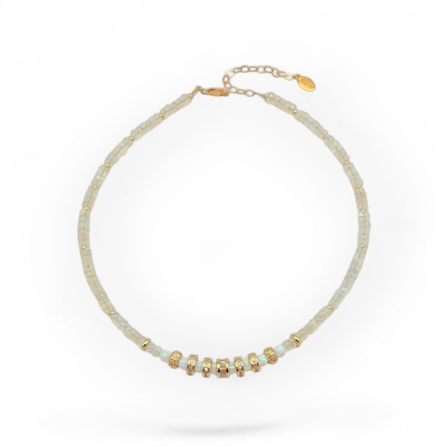 Opal Beaded Choker Necklace with Zircon Faceted Wheels