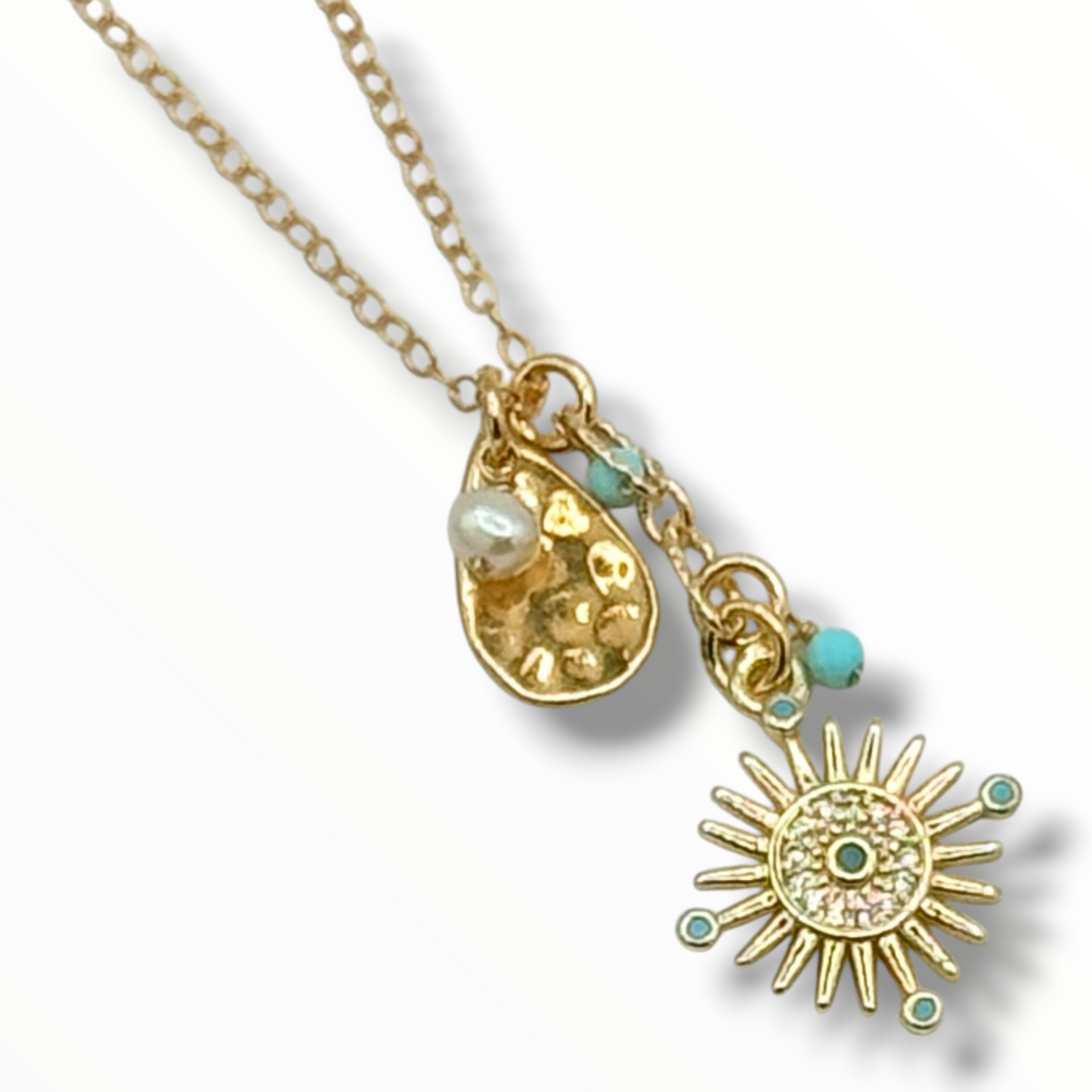 Modern Talisman Gemstone Necklace – Turquoise & Gold Charms