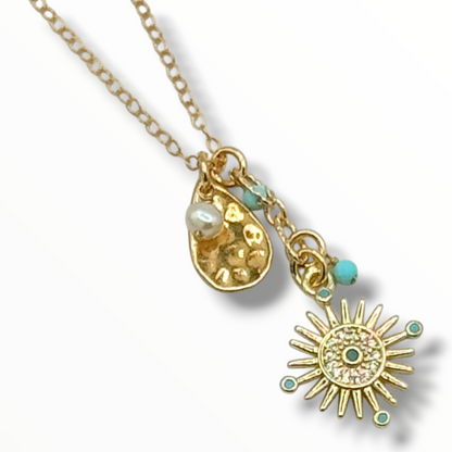 Modern Talisman Gemstone Necklace – Turquoise & Gold Charms
