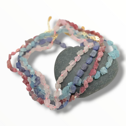 Rock Paper Scissors Raw Gemstone Necklace – Double-Knotted Silk | Tanzanite, Pink Tourmaline, Rose Quartz & Aquamarine