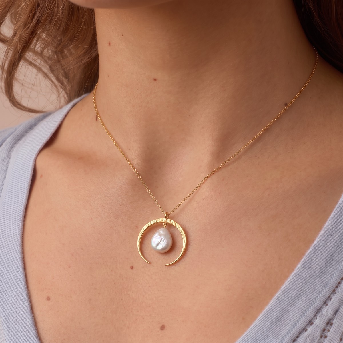 Gold Crescent Moon & Gem Drop Necklace
