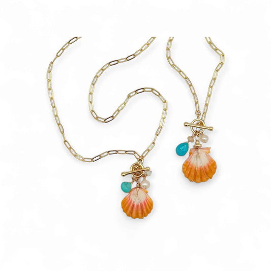 Sunrise Shell Charm Necklace with Pearl & Turquoise Drop