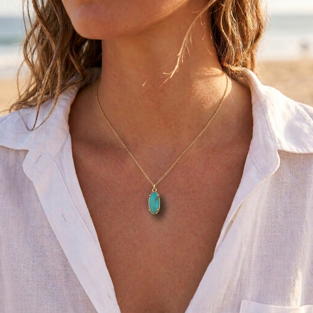 Turquoise Prong-Set Necklace – Oval or Slender Gold Pendant