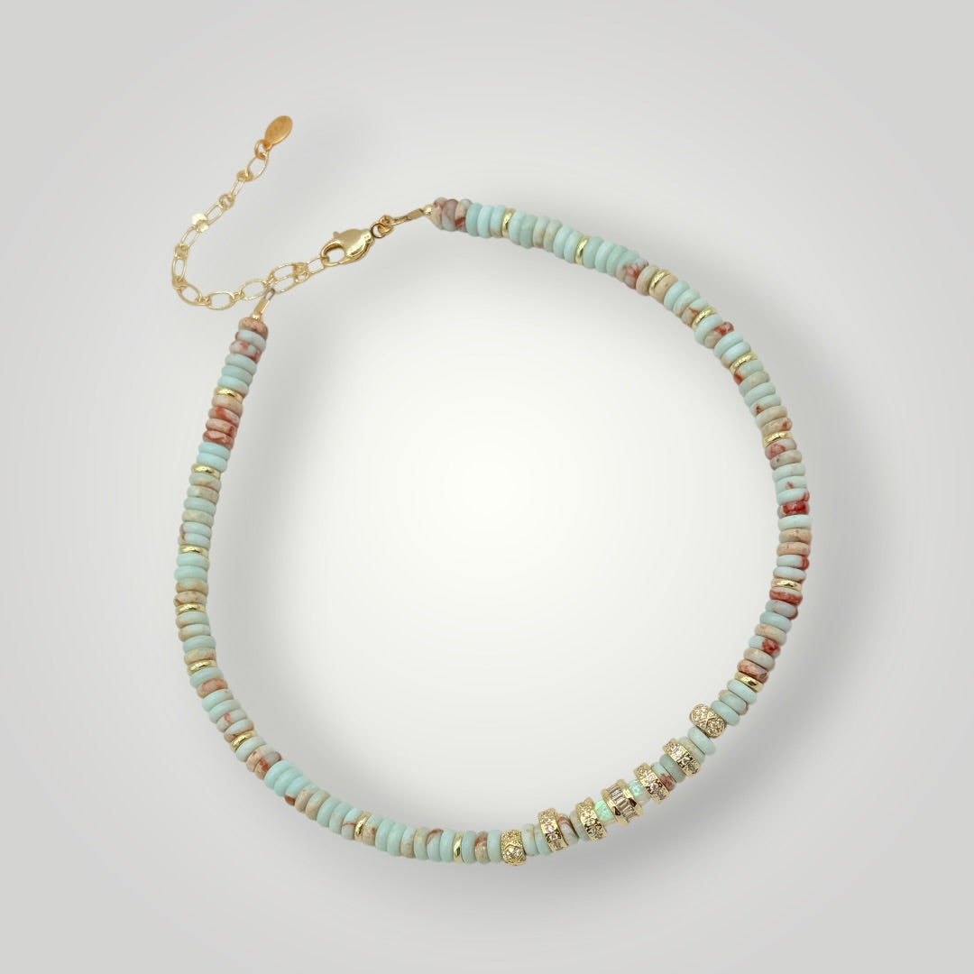 Aqua Jasper Heishi Necklace with Gold Accents -Coastal Beaded Choker