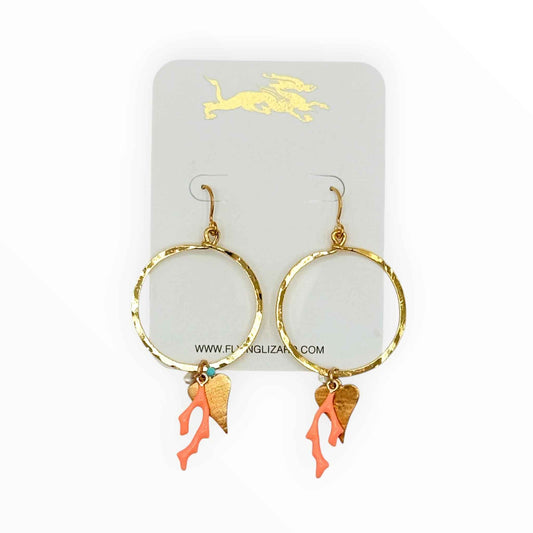 Gold Hoop Earrings with Coral Branch Charms, Heart Charms & Pearl Accents