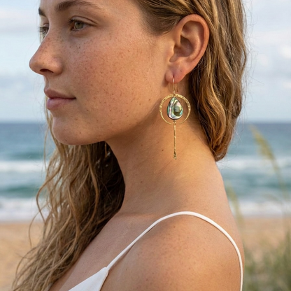 Gold Crescent Moon with Abalone or Pearl Teardrops